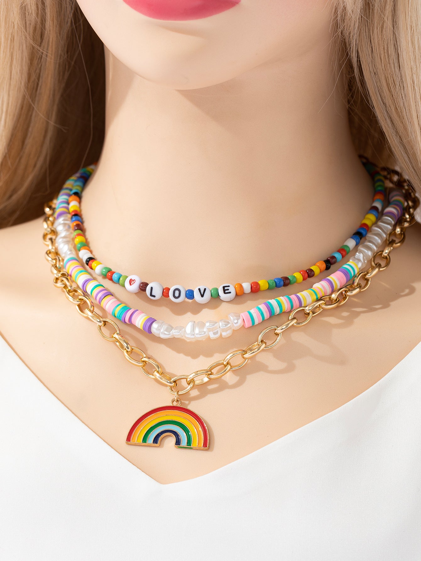 Wholesale Alloy Rainbow Rice Bead Necklaces